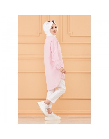 Tunique casual avec grande poche à l'avant (Vêtement islamique moderne) - Couleur des rayures : rose 