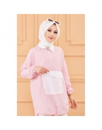 Tunique casual avec grande poche à l'avant (Vêtement islamique moderne) - Couleur des rayures : rose 