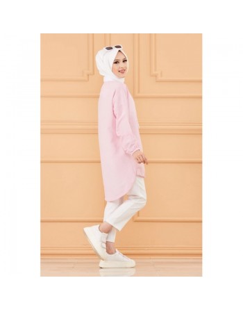Tunique casual avec grande poche à l'avant (Vêtement islamique moderne) - Couleur des rayures : rose 