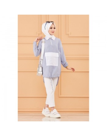 Tunique casual avec grande poche à l'avant (Vêtement mode islamique) - Couleur des rayures : bleu 