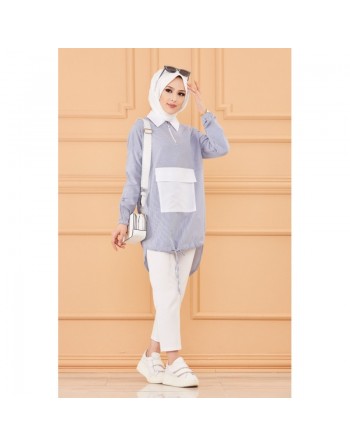 Tunique casual avec grande poche à l'avant (Vêtement mode islamique) - Couleur des rayures : bleu 