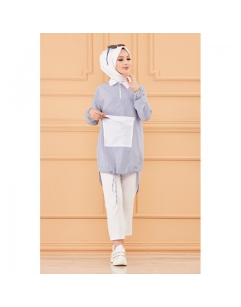 Tunique casual avec grande poche à l'avant (Vêtement mode islamique) - Couleur des rayures : bleu 
