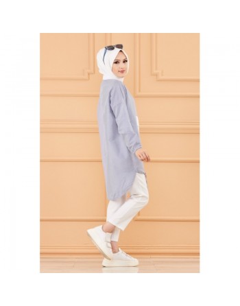 Tunique casual avec grande poche à l'avant (Vêtement mode islamique) - Couleur des rayures : bleu 