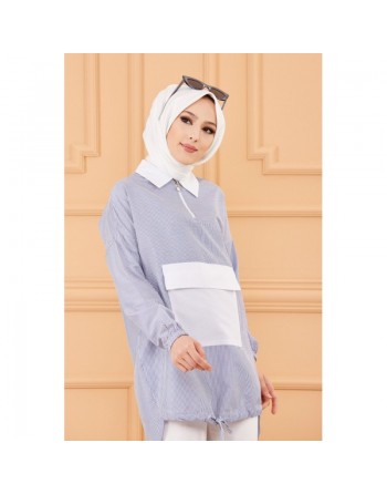 Tunique casual avec grande poche à l'avant (Vêtement mode islamique) - Couleur des rayures : bleu 