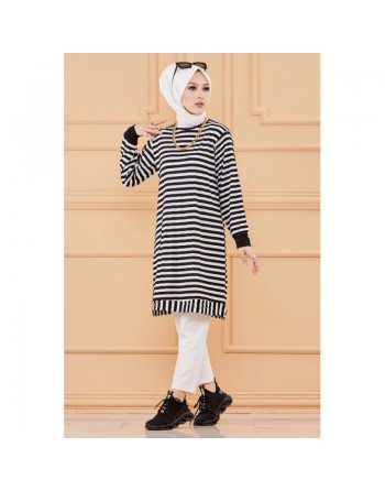 Tunique à rayures (Tenue moderne pour femme voilée) - Couleur bleu marine et blanc 
