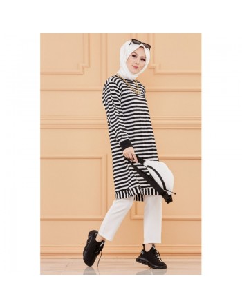 Tunique à rayures (Tenue moderne pour femme voilée) - Couleur bleu marine et blanc 