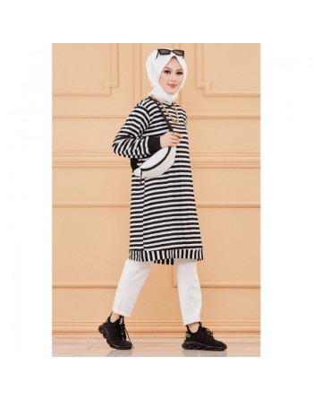 Tunique à rayures (Tenue moderne pour femme voilée) - Couleur bleu marine et blanc 