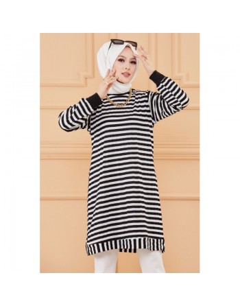 Tunique à rayures (Tenue moderne pour femme voilée) - Couleur bleu marine et blanc 
