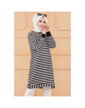 Tunique à rayures (Tenue moderne pour femme voilée) - Couleur bleu marine et blanc 