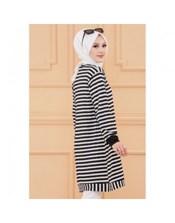 Tunique à rayures (Tenue moderne pour femme voilée) - Couleur bleu marine et blanc 