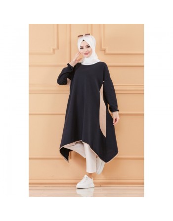 Tunique oversize pour femme (Vêtement ample Modest Fashion) - Couleur Bleu marine et beige 