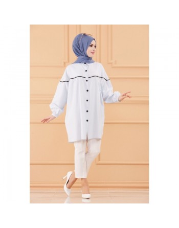 Tunique-Chemise habillée ample avec bande et boutons noirs (Boutique en ligne Vêtement Hijab) - Rayures de couleur bleu clair 
