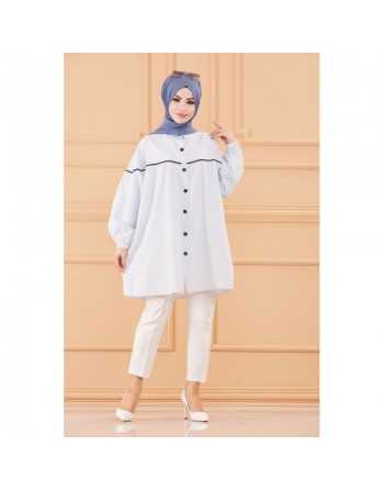 Tunique-Chemise habillée ample avec bande et boutons noirs (Boutique en ligne Vêtement Hijab) - Rayures de couleur bleu clair 