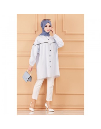 Tunique-Chemise habillée ample avec bande et boutons noirs (Boutique en ligne Vêtement Hijab) - Rayures de couleur bleu clair 