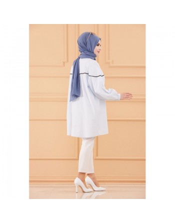 Tunique-Chemise habillée ample avec bande et boutons noirs (Boutique en ligne Vêtement Hijab) - Rayures de couleur bleu clair 