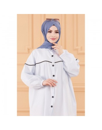 Tunique-Chemise habillée ample avec bande et boutons noirs (Boutique en ligne Vêtement Hijab) - Rayures de couleur bleu clair 