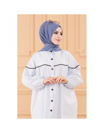 Tunique-Chemise habillée ample avec bande et boutons noirs (Boutique en ligne Vêtement Hijab) - Rayures de couleur bleu clair 