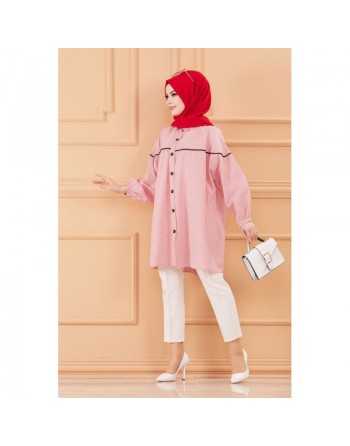 Tunique-Chemise habillée ample (Vêtements islamiques chic en ligne) - Rayures de couleur rouge 