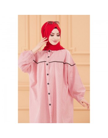 Tunique-Chemise habillée ample (Vêtements islamiques chic en ligne) - Rayures de couleur rouge 