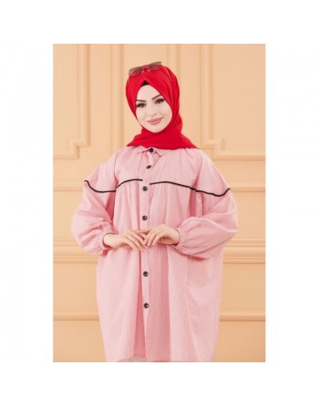 Tunique-Chemise habillée ample (Vêtements islamiques chic en ligne) - Rayures de couleur rouge 