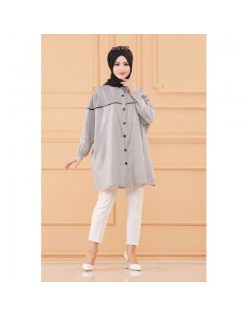 Tunique-Chemise ample style habillé (Vêtement femme voilée turque) - Rayures de couleur noir 