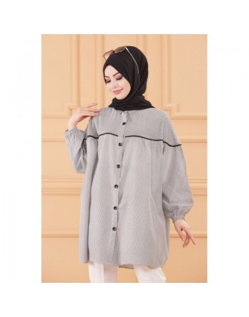 Tunique-Chemise ample style habillé (Vêtement femme voilée turque) - Rayures de couleur noir 