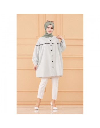 Tunique-Chemise habillée ample avec bande et boutons noirs (Boutique Vêtement Hijab chic en ligne) - Rayures de couleur menthe 