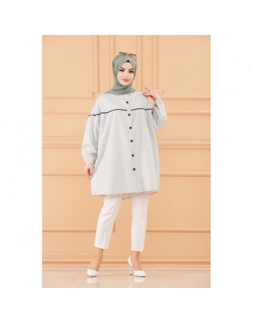 Tunique-Chemise habillée ample avec bande et boutons noirs (Boutique Vêtement Hijab chic en ligne) - Rayures de couleur menthe Tunique-Chemise habillée ample avec bande et boutons noirs (Boutique Vêtement Hijab chic en ligne) - Rayures de couleur menthe