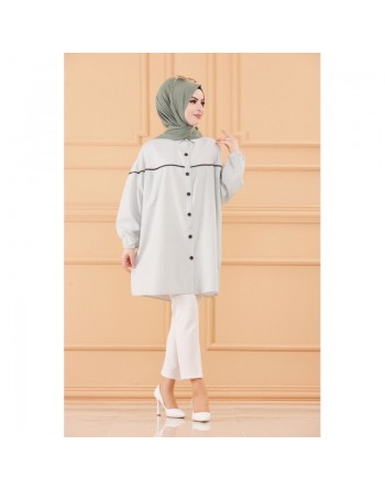 Tunique-Chemise habillée ample avec bande et boutons noirs (Boutique Vêtement Hijab chic en ligne) - Rayures de couleur menthe 