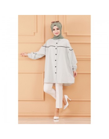 Tunique-Chemise habillée ample avec bande et boutons noirs (Boutique Vêtement Hijab chic en ligne) - Rayures de couleur menthe 