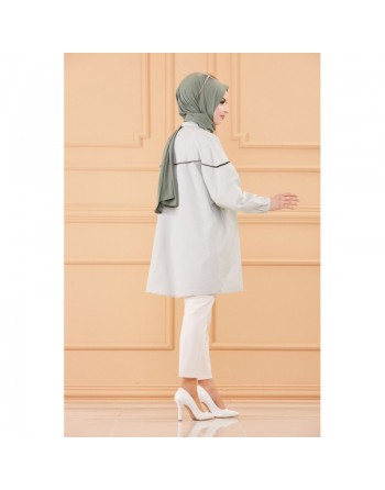 Tunique-Chemise habillée ample avec bande et boutons noirs (Boutique Vêtement Hijab chic en ligne) - Rayures de couleur menthe 