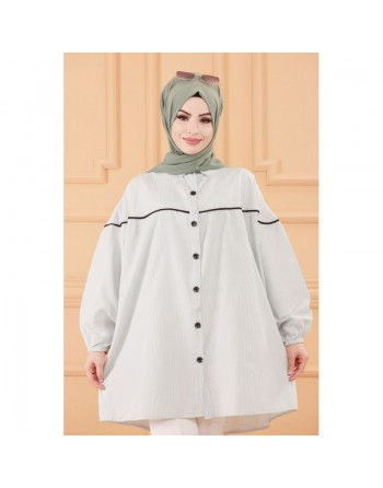 Tunique-Chemise habillée ample avec bande et boutons noirs (Boutique Vêtement Hijab chic en ligne) - Rayures de couleur menthe 