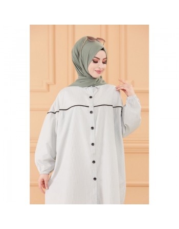 Tunique-Chemise habillée ample avec bande et boutons noirs (Boutique Vêtement Hijab chic en ligne) - Rayures de couleur menthe 