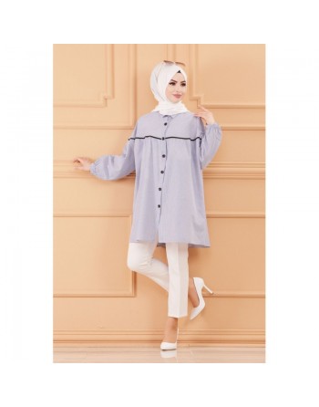Tunique-Chemise ample style habillé (Vêtement femme voilée turque) - Rayures de couleur bleu 