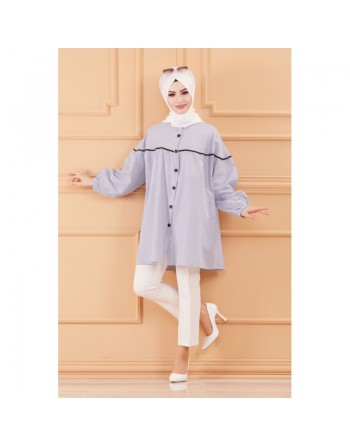 Tunique-Chemise ample style habillé (Vêtement femme voilée turque) - Rayures de couleur bleu 
