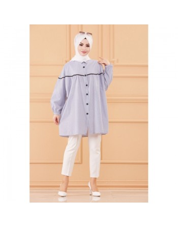 Tunique-Chemise ample style habillé (Vêtement femme voilée turque) - Rayures de couleur bleu 