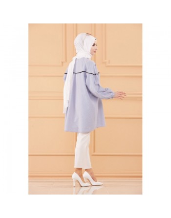 Tunique-Chemise ample style habillé (Vêtement femme voilée turque) - Rayures de couleur bleu 