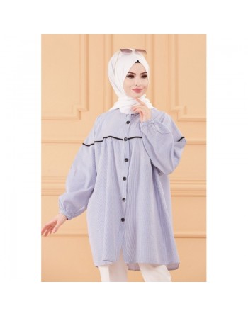 Tunique-Chemise ample style habillé (Vêtement femme voilée turque) - Rayures de couleur bleu 