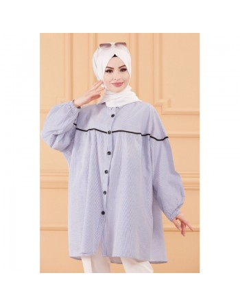 Tunique-Chemise ample style habillé (Vêtement femme voilée turque) - Rayures de couleur bleu 