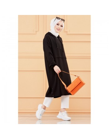 Tunique décontractée ample avec capuche (Tenue style sportwear pour femme musulmane) - Couleur noir 