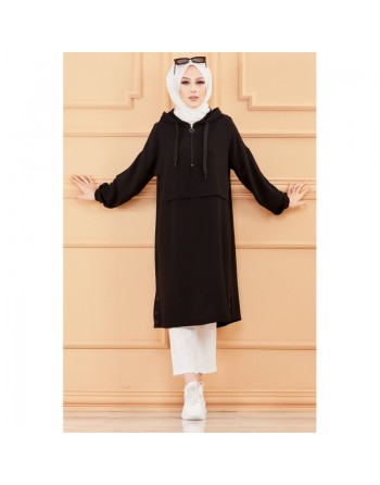 Tunique décontractée ample avec capuche (Tenue style sportwear pour femme musulmane) - Couleur noir 