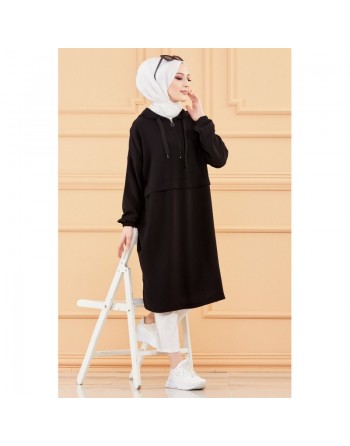 Tunique décontractée ample avec capuche (Tenue style sportwear pour femme musulmane) - Couleur noir 