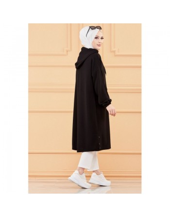 Tunique décontractée ample avec capuche (Tenue style sportwear pour femme musulmane) - Couleur noir 