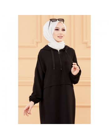 Tunique décontractée ample avec capuche (Tenue style sportwear pour femme musulmane) - Couleur noir 