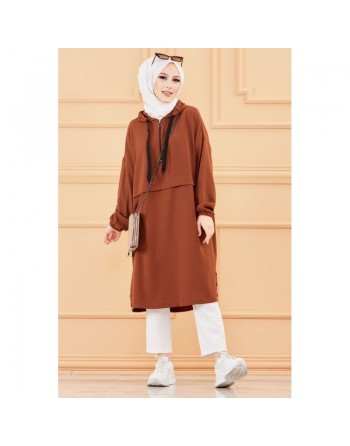 Tunique ample avec capuche (Tenue décontractée pour femme voilée) - Couleur marron/tabac 