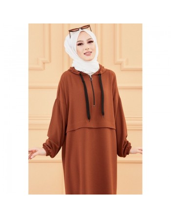 Tunique ample avec capuche (Tenue décontractée pour femme voilée) - Couleur marron/tabac 