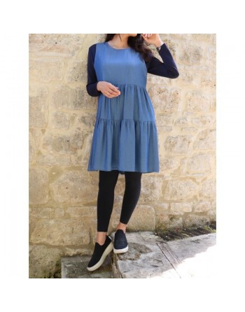 Tunique - Robe courte à volant couleur unie bleu jean 