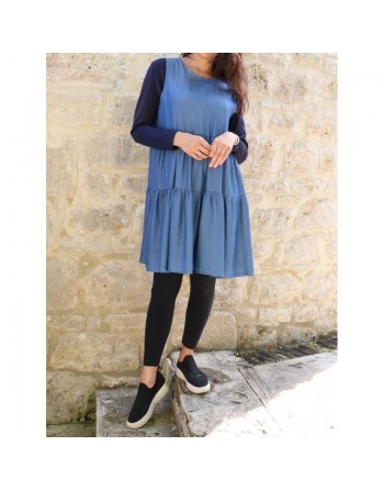 Tunique - Robe courte à volant couleur unie bleu jean 