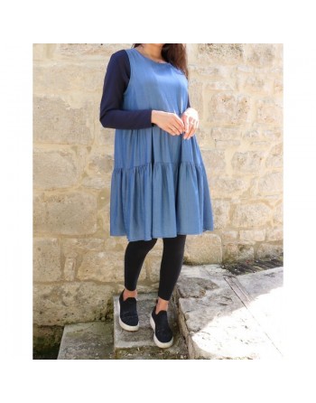 Tunique - Robe courte à volant couleur unie bleu jean 