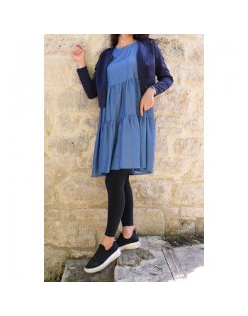 Tunique - Robe courte à volant couleur unie bleu jean 